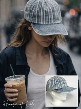 Vintage 90s Denim Striped Baseball Cap Blue Cream Off Duty Model Hat